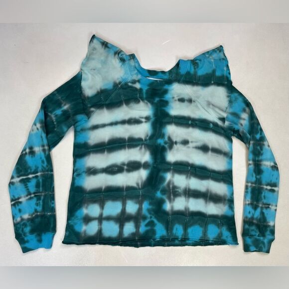 Something Navy Neghan Ruffle Shoulder Sweatshirt Women Small Blue Green Tie Dye - Picture 1 of 6